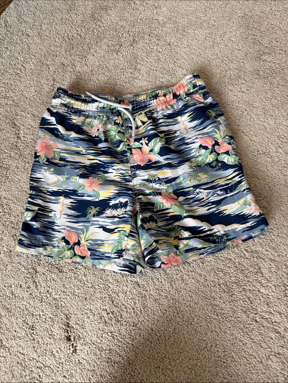 Boy’s Navy Floral Drawstring Swim trunks